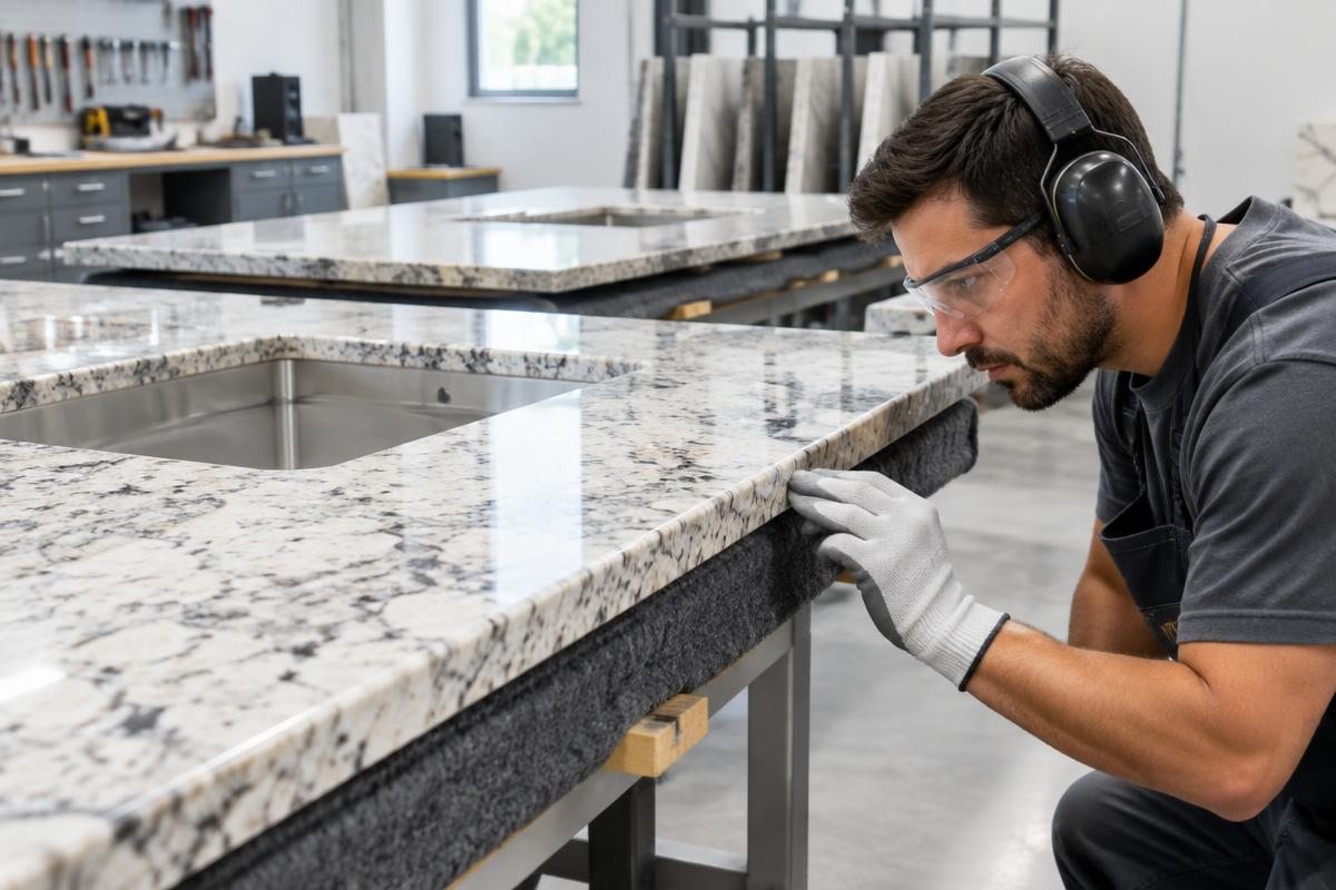 Illustrative Stone fabricator inspecting prepared countertop edges
